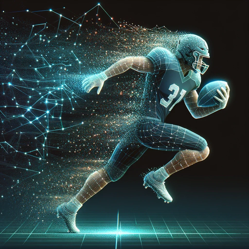 A digital artwork of an American football player, rendered in a glowing blue mesh design, running with a football tucked under his arm. The player's form is dissolving into particles, creating a dynamic disintegration effect against a dark background with a neon light grid on the floor.