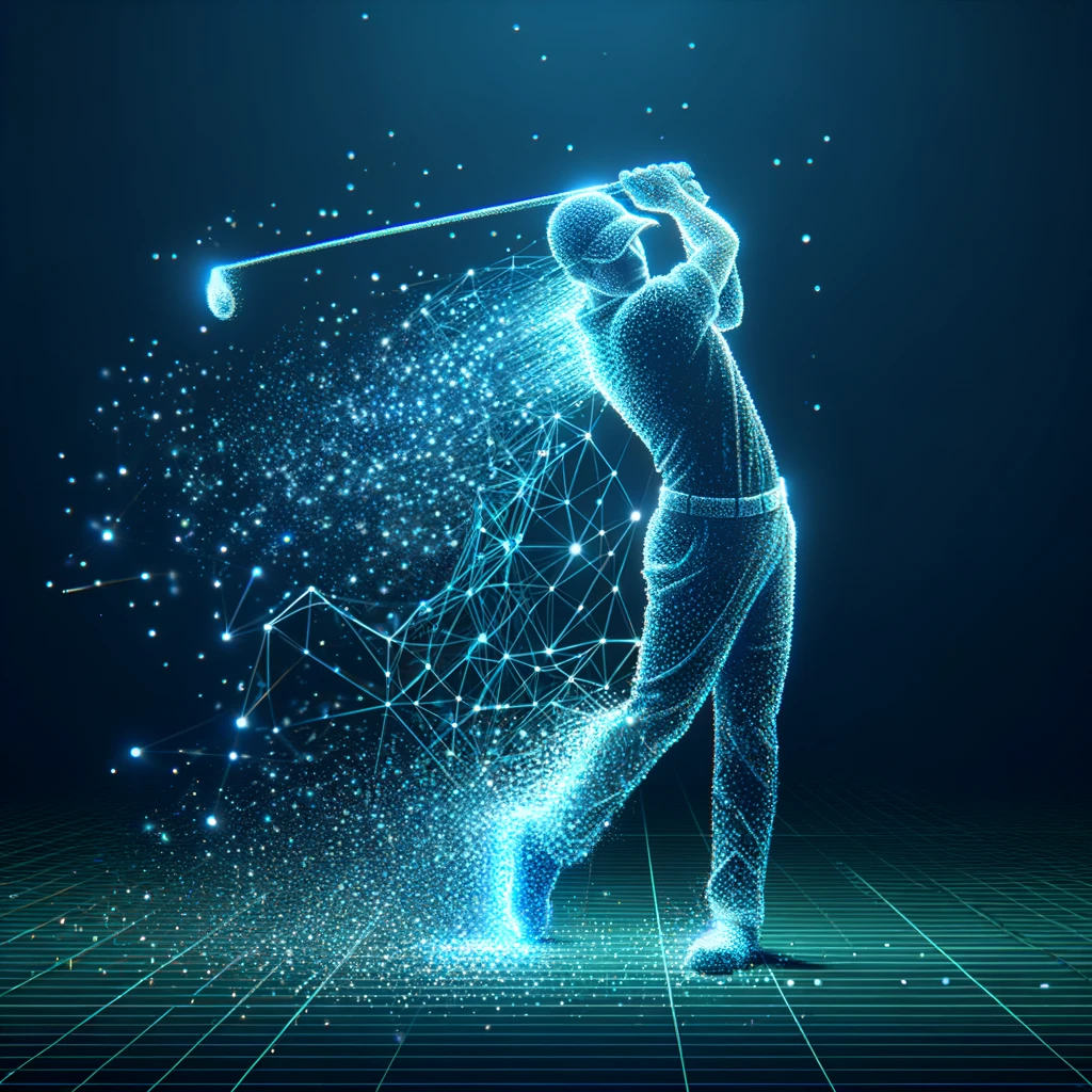 A golf player disintegrating into the digital realm