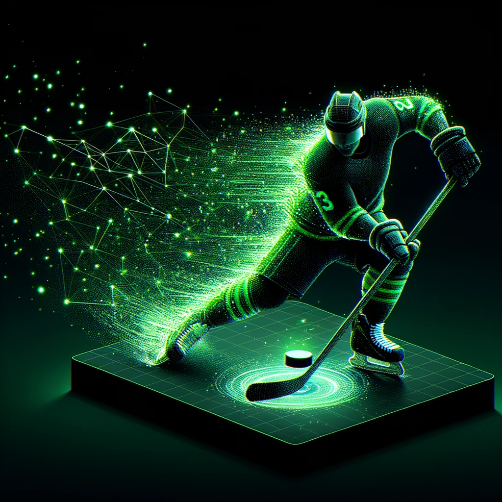 A hockey player disintegrating into the digital realm